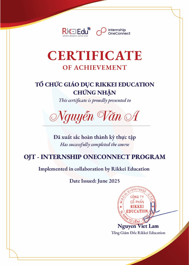 Chứng chỉ tốt nghiệp Internship OneConnect